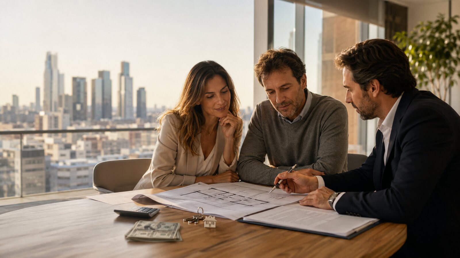 Pareja firmando la compra de una propiedad con su agente inmobiliario, con la Ciudad de Buenos Aires de fondo