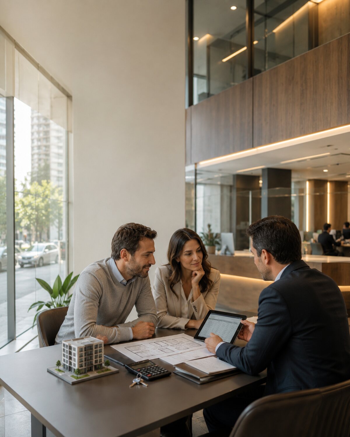 Pareja con su asesor evaluando un crédito hipotecario en el banco, con una maqueta de edificio sobre la mesa