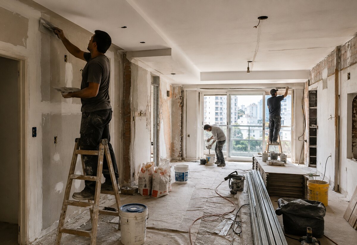 Obreros refaccionando un departamento, flipping inmobiliario