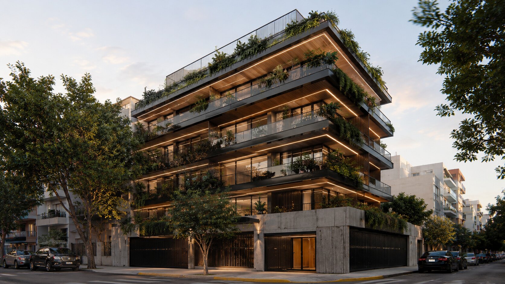 Edificio residencial contemporáneo con balcones aterrazados, vegetación y luz cálida al atardecer en Buenos Aires