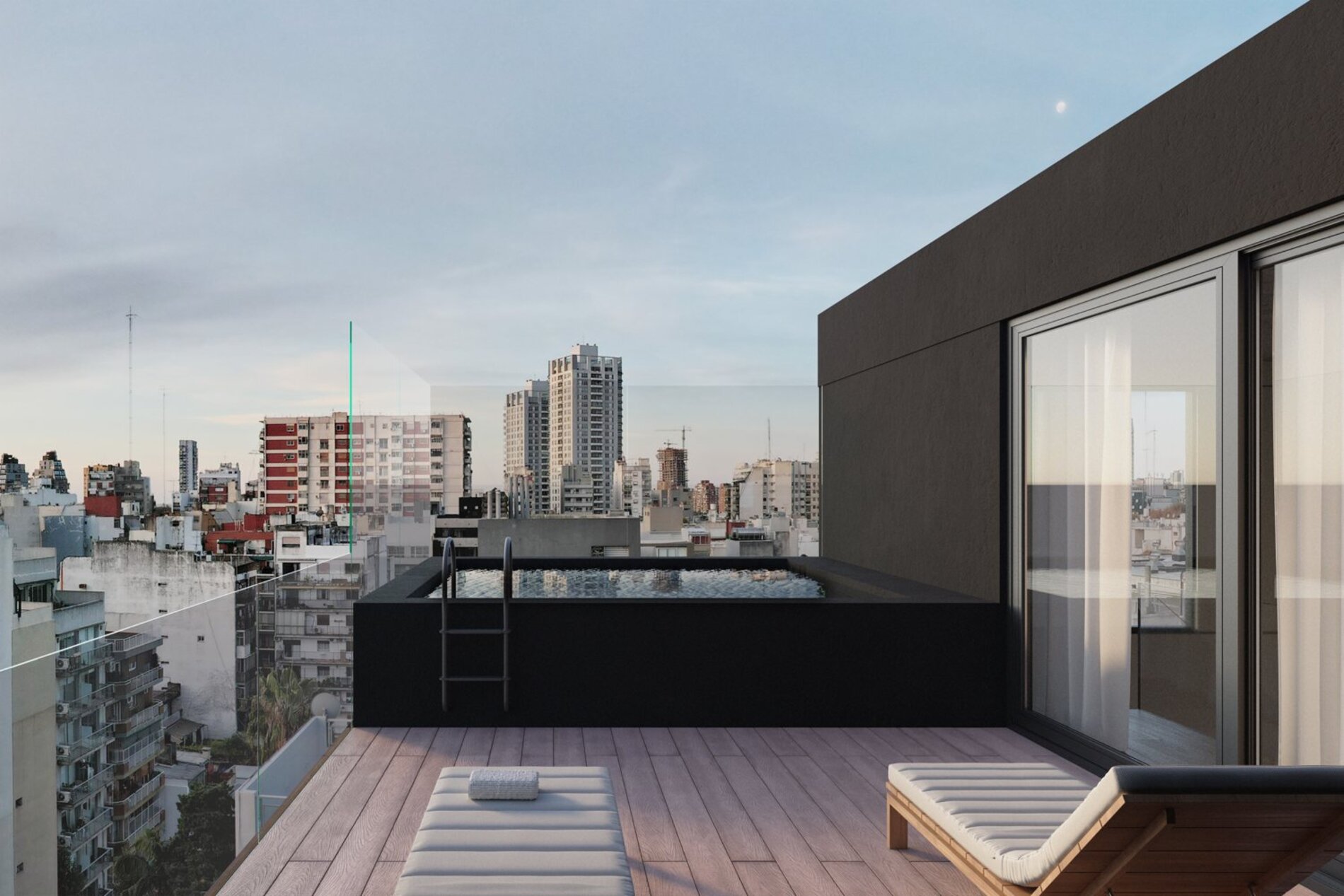 Terraza propia con vista a la ciudad de un tríplex en Liv Plaza, Palermo Hollywood