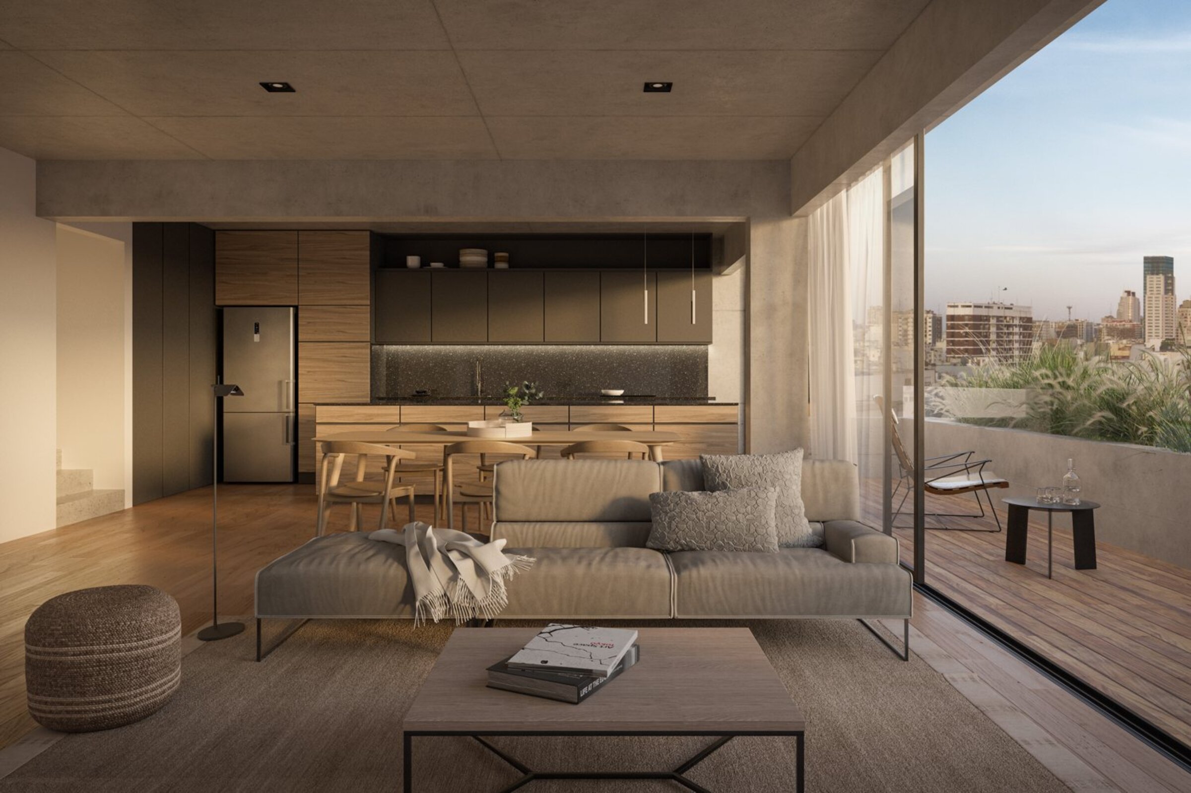 Living integrado con terraza y vista a la ciudad en un tríplex de Liv Plaza, Palermo Hollywood