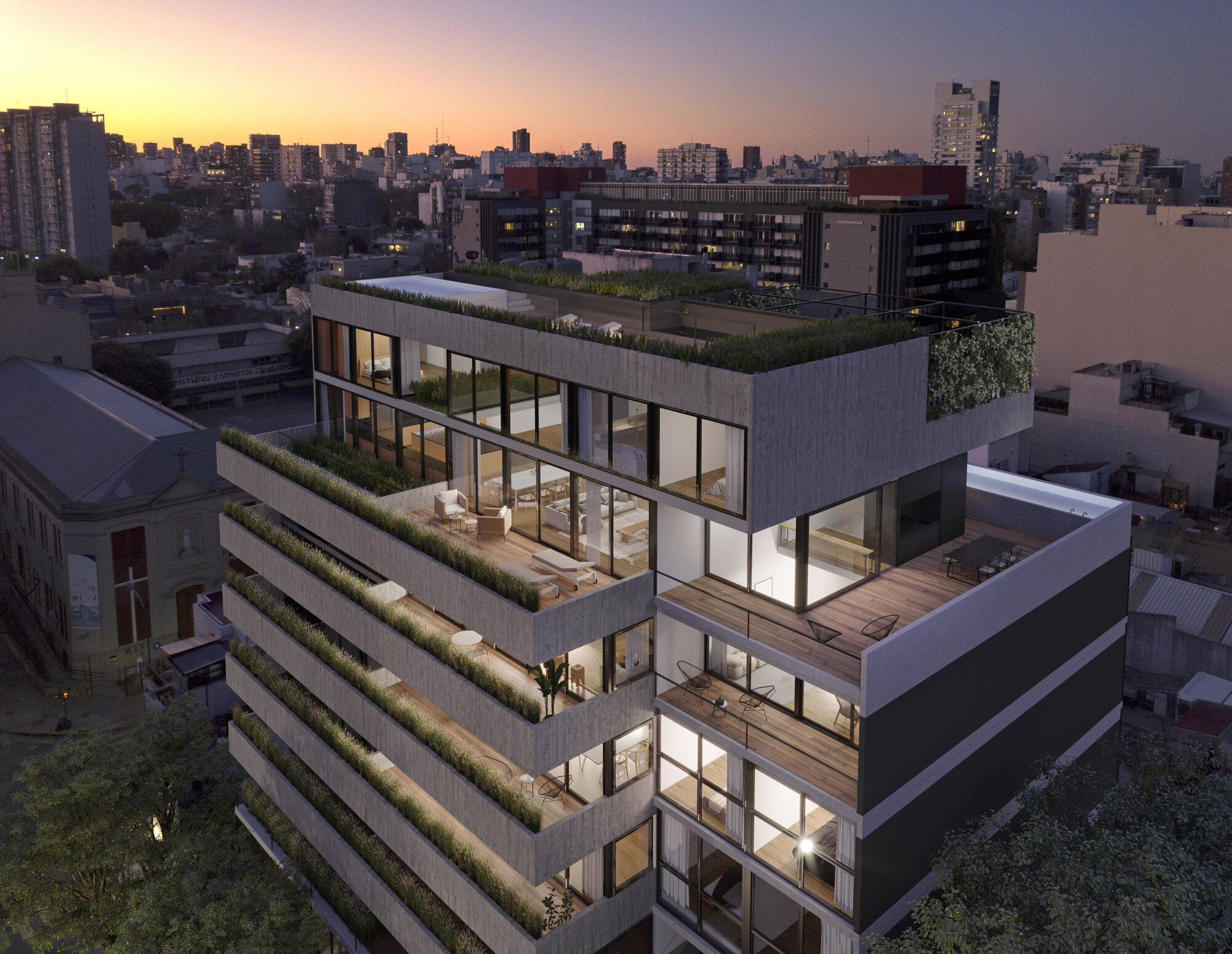 Fachada del edificio Sens Costa Rica en Palermo Hollywood al atardecer