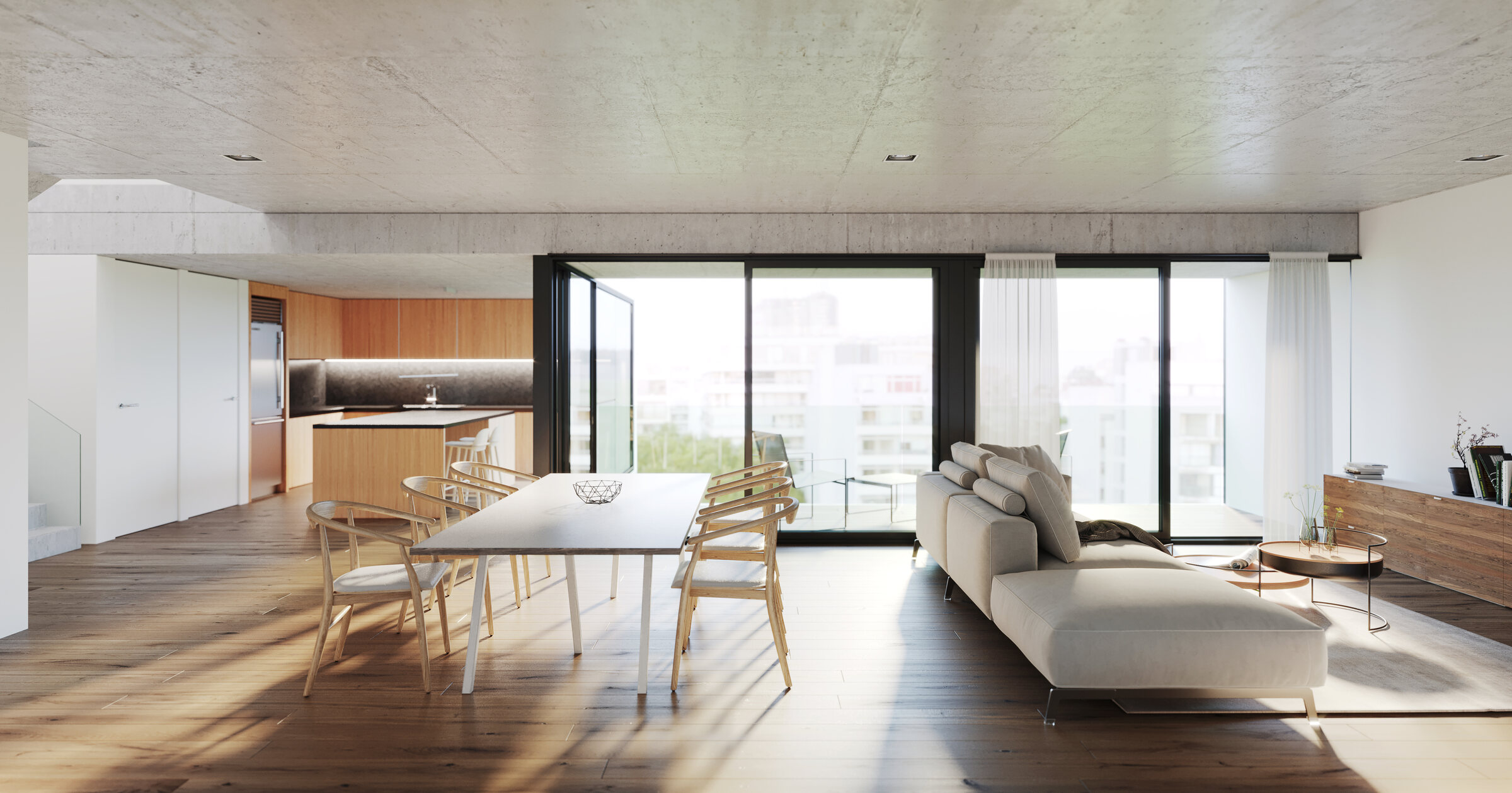 Living comedor luminoso del dúplex en Sens Costa Rica, Palermo Hollywood, con cocina integrada y grandes ventanales