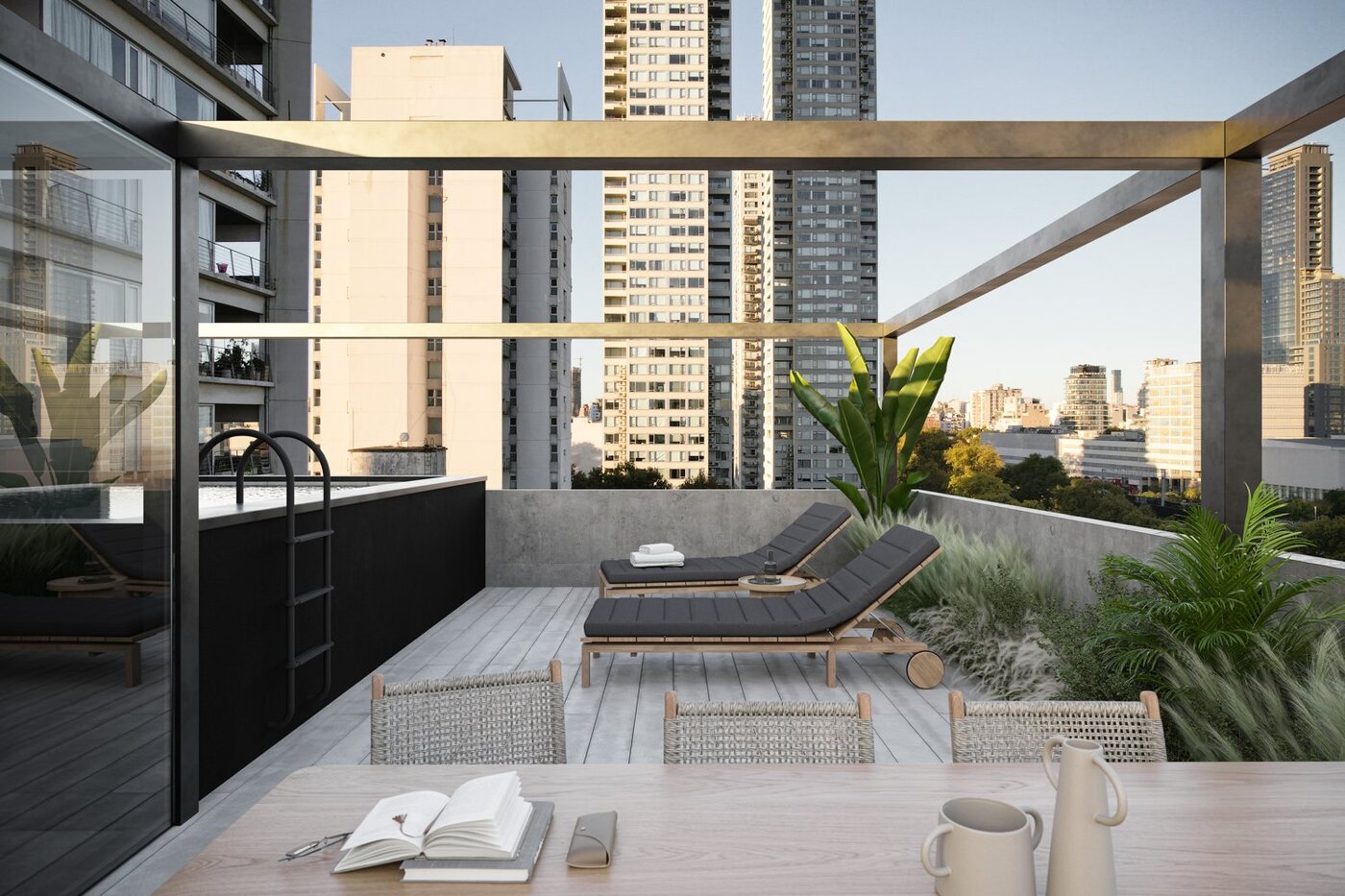 Terraza del edificio con solárium y vista a la ciudad