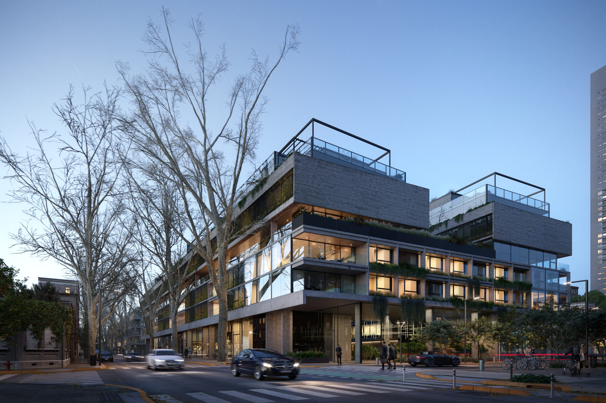 Fachada de Sens Luxury Homes sobre la calle Soler al atardecer