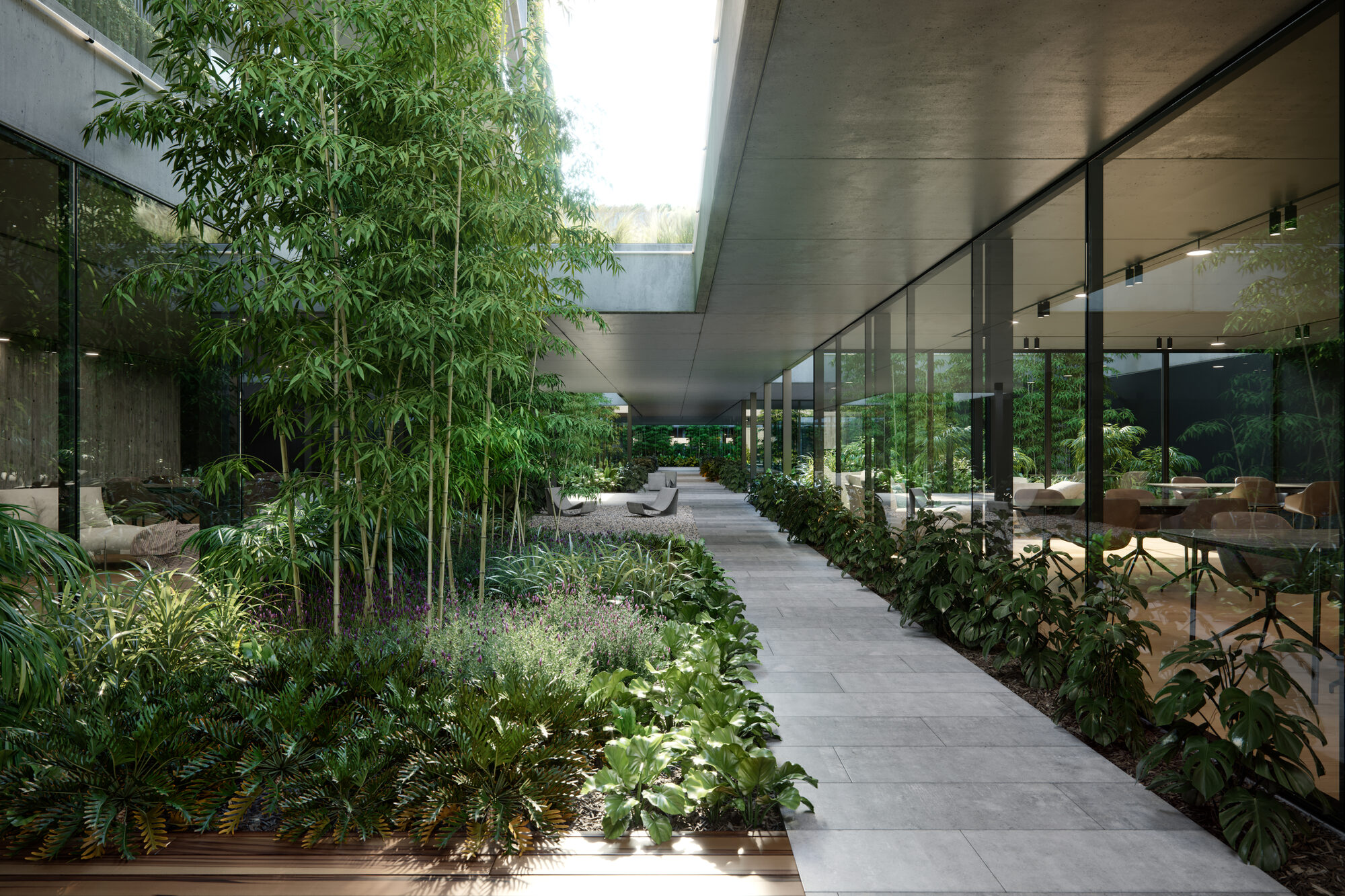 Patio interno con vegetación y galería vidriada