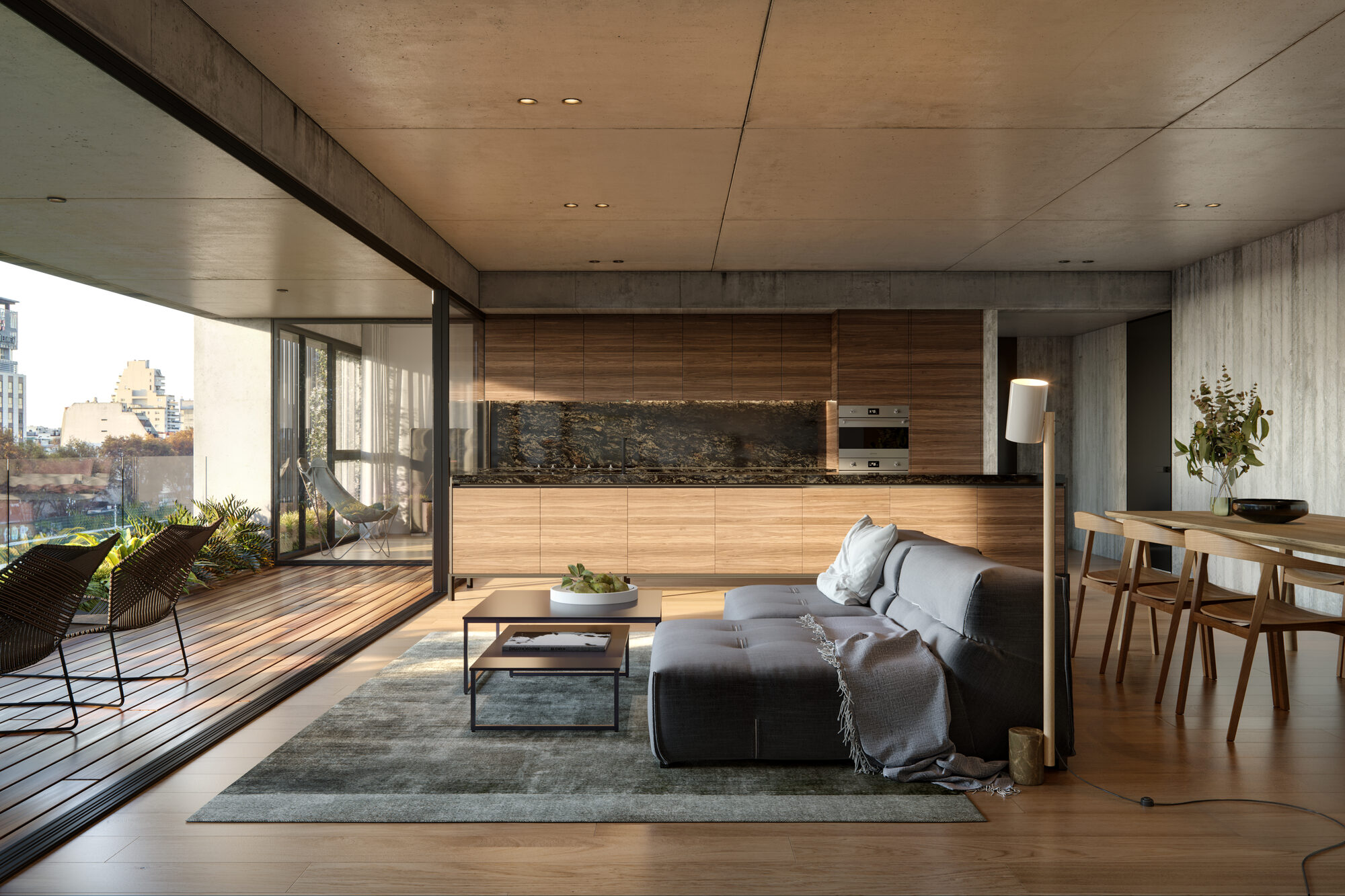 Living comedor con cocina integrada y salida al exterior