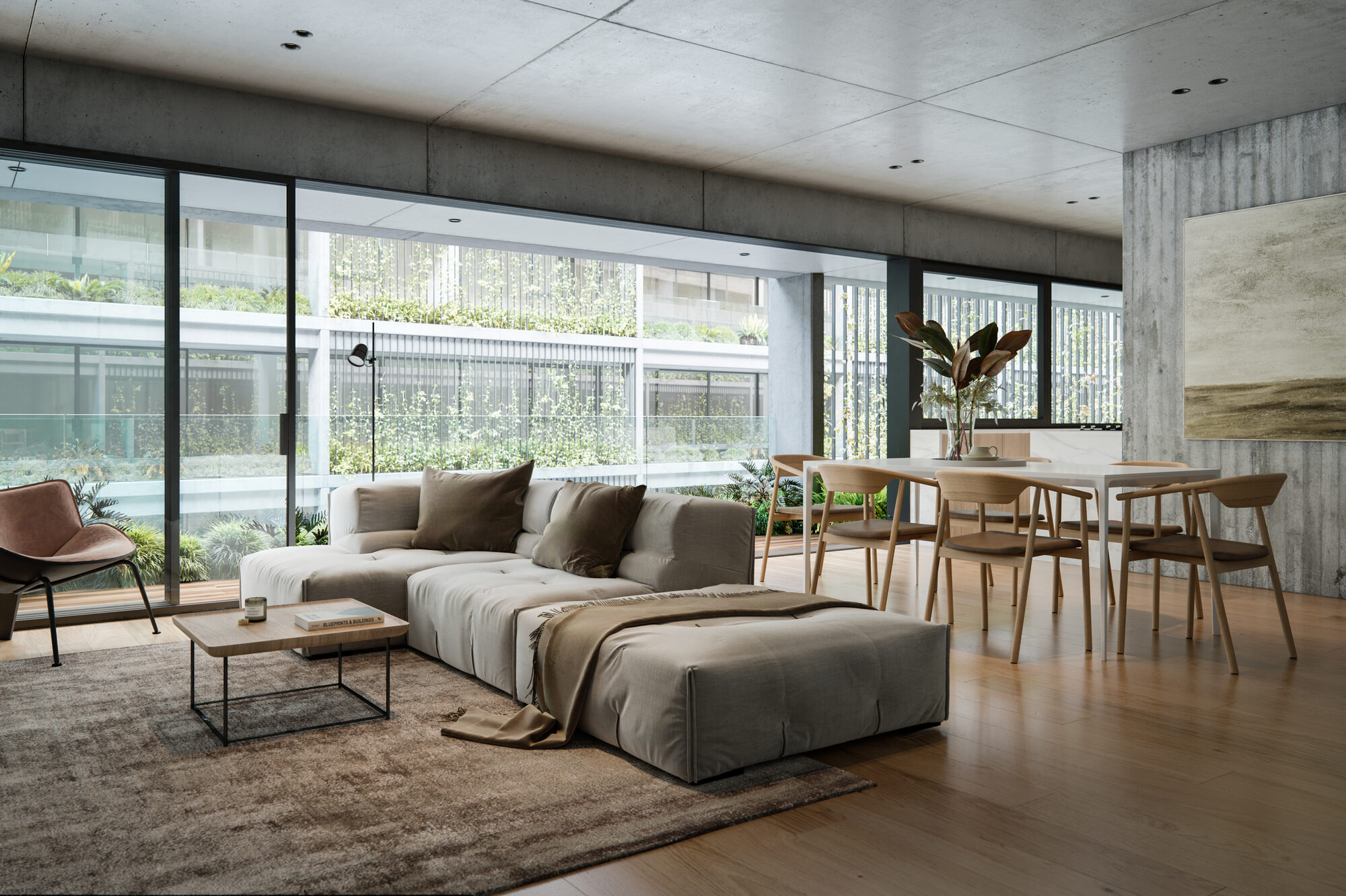 Living con ventanal de piso a techo y vista al parque interno