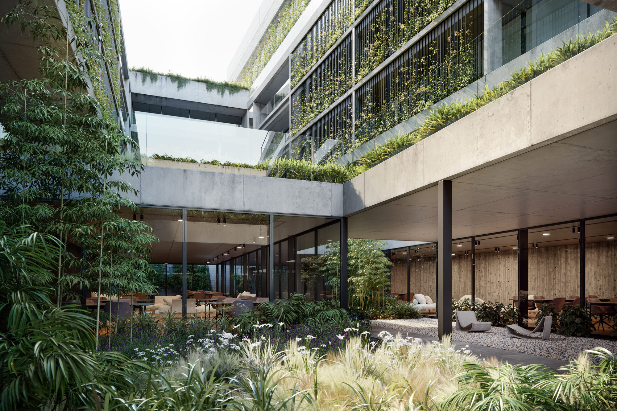 Galería de amenities con vegetación integrada