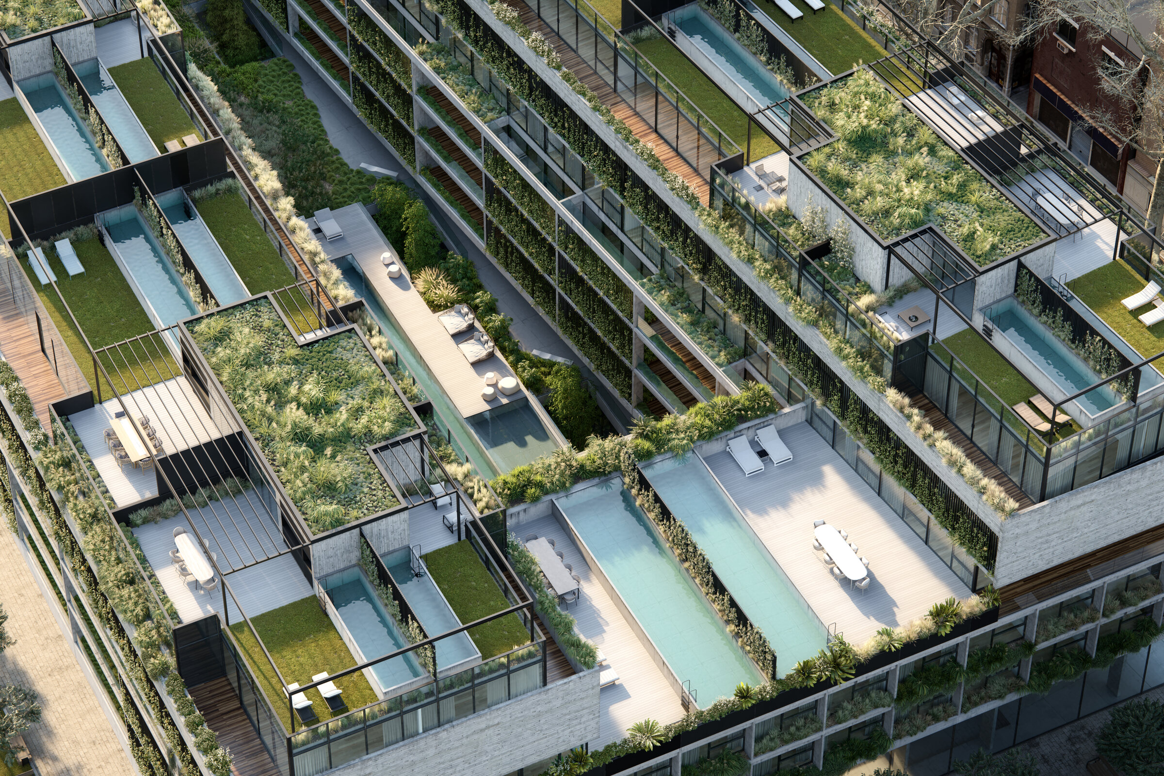 Vista aérea de las terrazas de los tríplex de Sens Luxury Homes, cada una con pileta y solárium propios